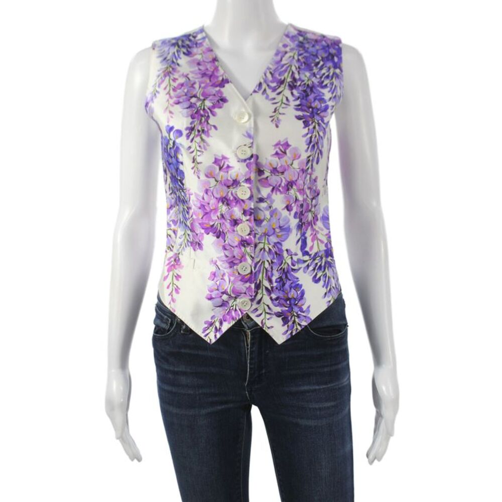 Dolce & Gabbana Womens Sleeveless Floral V Neck Silk Button Vest Size 40
